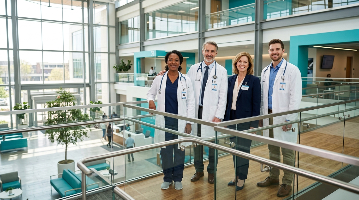 Hospital leadership team collaborating at medical center