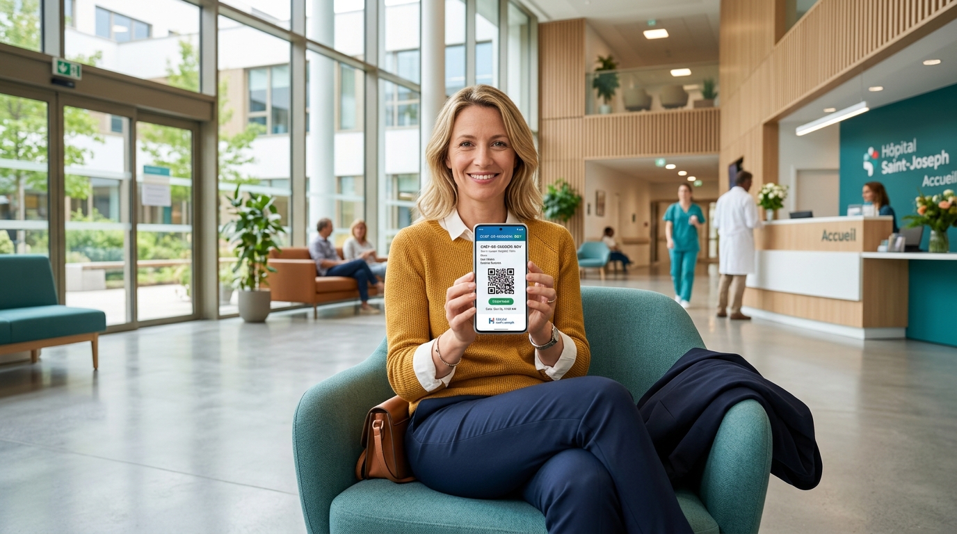 Patient holding smartphone with digital QR hospital care pass